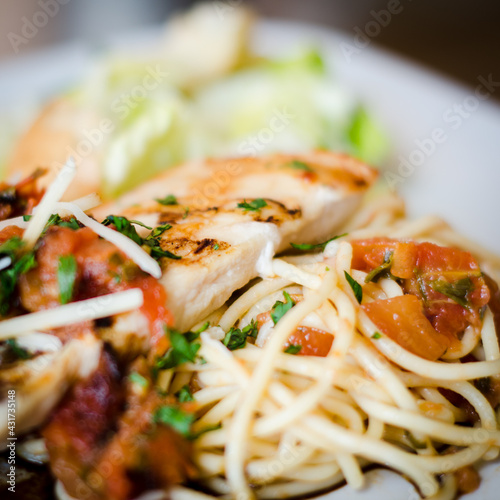 grilled chicken with vegetables and pasta