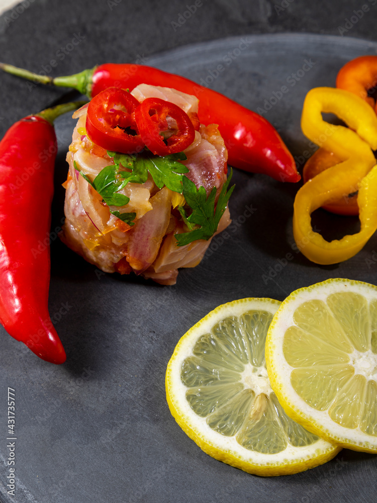 Refreshing dish of fish marinated in citrus juice. Diet and healthy food concept