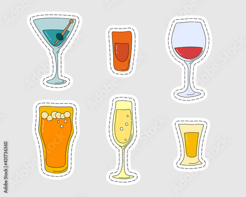 Martini rum red wine beer champagne tequila glassware as a sticker. Cartoon sketch graphic design. Doodle style. Colored hand drawn image. Party drink for restaurant, cafe. Freehand drawing style