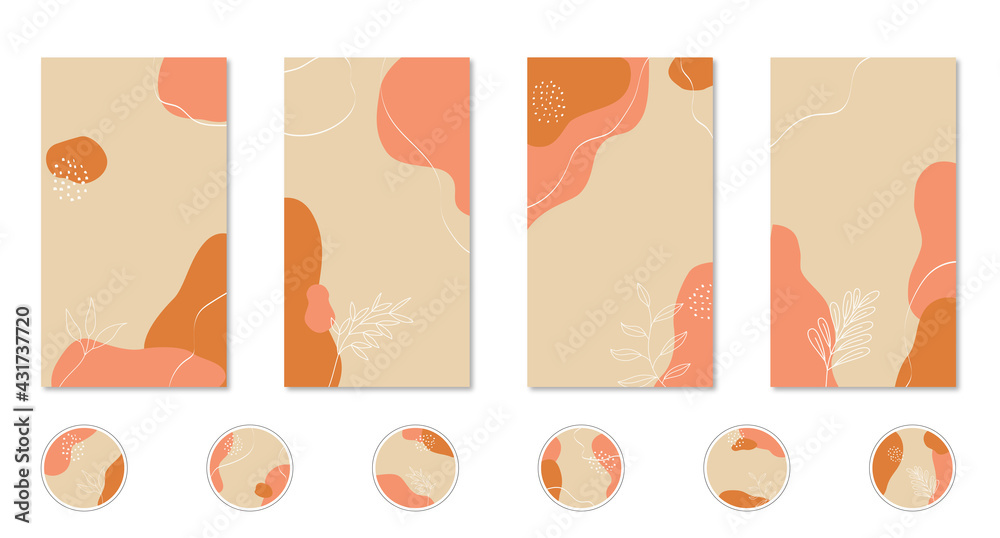 Social media stories and highlights templates. Vector set of pastel color abstract organic floral backgrounds	