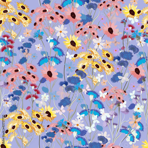 Beautiful vector colorful fashion floral pattern with herbs, flowers in moder...