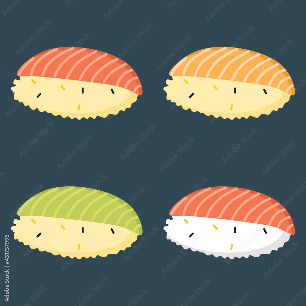 Vector illustration set of sushi with salmon meat on it, restaurant theme and Japanese cuisine, suitable for advertisement of food products Vector illustration set of sushi with salmon meat on it, restaurant theme and Japanese cuisine, suitable for advertisement of food products