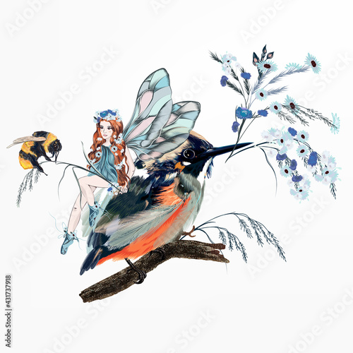 Beautiful vector illustration with girl fairy, bumble bee and bird