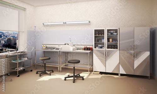 Fototapeta Naklejka Na Ścianę i Meble -  3d render of modern furniture equipment for medical research laboratory and clinical research, high degree of protection