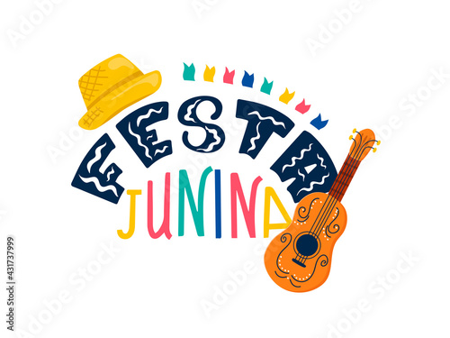 Festa Janina concept with lettering, straw hat and guitar. Multicolored lettering for the Brazilian national festival