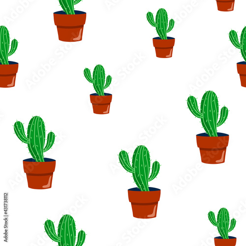 Seamless pattern with cactuses in pots. Bright vector illustration. Endless texture with succulent