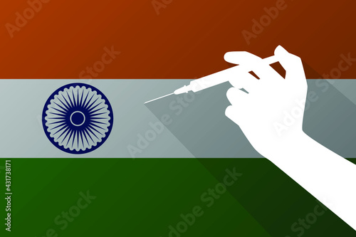 Vaccine injection needle in hand on India national flag silhouette on white background, medical and healthy concept.