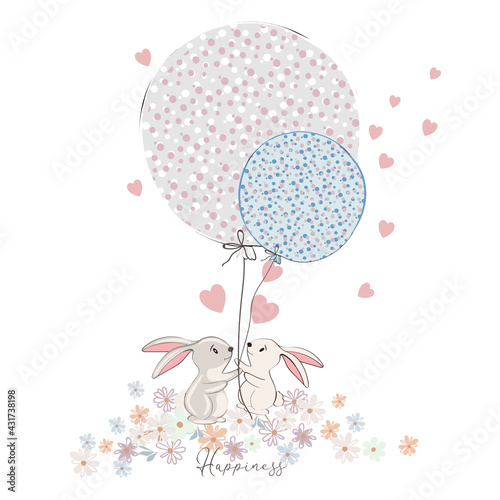 Cute vector illustration with pretty rabbits holding balloons