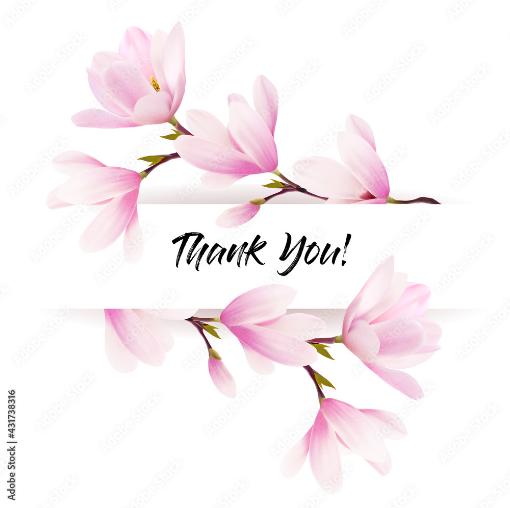 Natural greeting card with pink magnolia flowers. Vector.