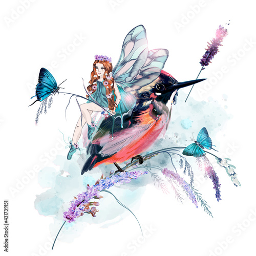 Beautiful vector illustration with girl fairy, butterflies, lavender flowers and bird