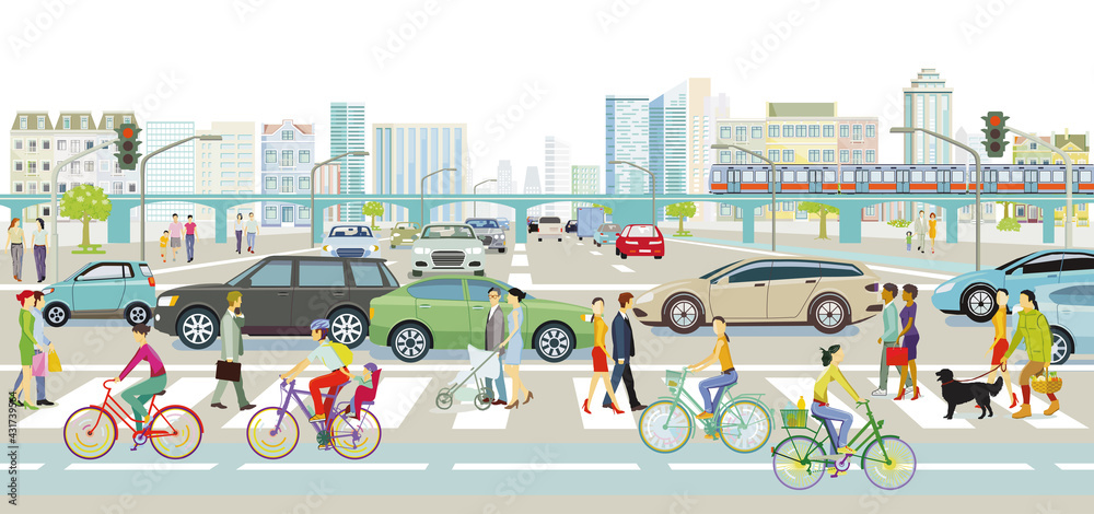 Stadtlandschaft mit Straßenverkehr und Fußgänger auf dem  zebrastreifen, Illustration