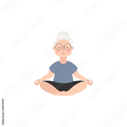 Cute old lady with wrinkles on her face and gray hair is doing yoga. The woman is sitting in the lotus position. Vector stock hand-drawn illustration isolated on a white background.