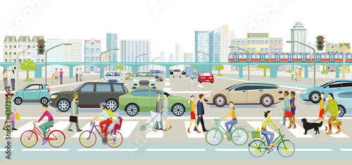 Stadtlandschaft mit Straßenverkehr und Fußgänger auf dem  zebrastreifen, Illustration