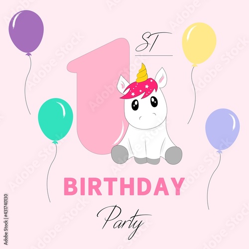 Illustration card birthday card template first birthday party invitation with unicorn and colorful baloons on pink background
