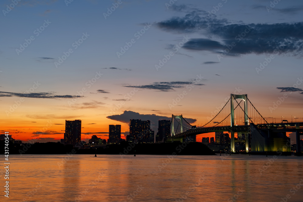 Tokyo skylines with Rainbow bridge at sunset. Japan.