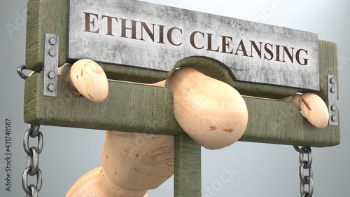 Ethnic cleansing that affect and destroy human life - symbolized by a figure in pillory to show Ethnic cleansing's effect and how bad, limiting and negative impact it has, 3d illustration