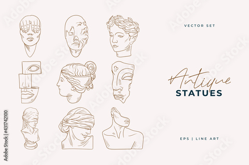 Linear drawings of heads of antique statues of the goddess and mythical god in the engraving style. Creative minimal linear woman vector with growing branch from her head.