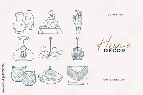 Home decor line art drawing. Doodle illustration. Stay home. Minimal vintage style. Doodle plant vector illustration. Pure nature organic brush. Line drawing. Eco product emblem.