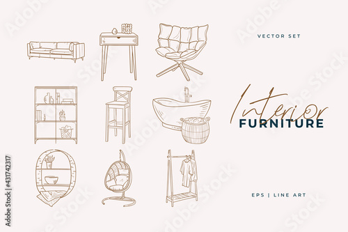 Stylish furniture set. Home decor line art drawing. Doodle illustration. Stay home. Minimal vintage style. Doodle plant vector illustration. Pure nature organic brush. Line drawing.