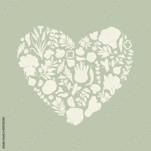 Organic vegetables heart shape silhouettes. Pepper, pumpkin, tomato, corn, fennel, beet. 