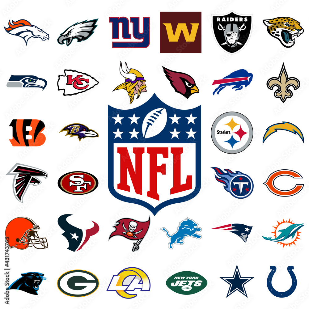 Logo of all national football league teams. NFL team icons. Set all the new football  teams logos. Vector eps illustration. Stock Vector | Adobe Stock