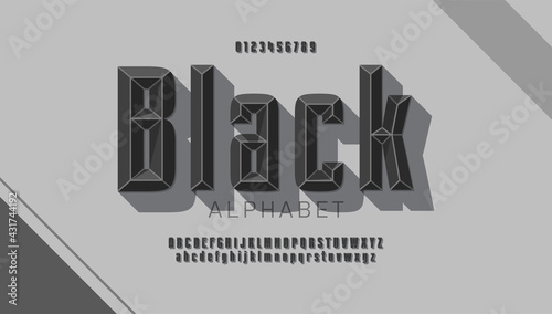 Original black retro font with facets, bold 3d alphabet set with letters and numbers.