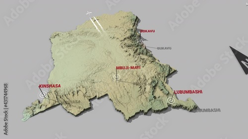 Seamless looping animation of the 3d terrain map of Democratic Republic of the Congo with the capital and the biggest cites in 4K resolution photo