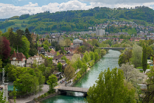View of the Are river and mountain Gurten in Bern, Switzerland