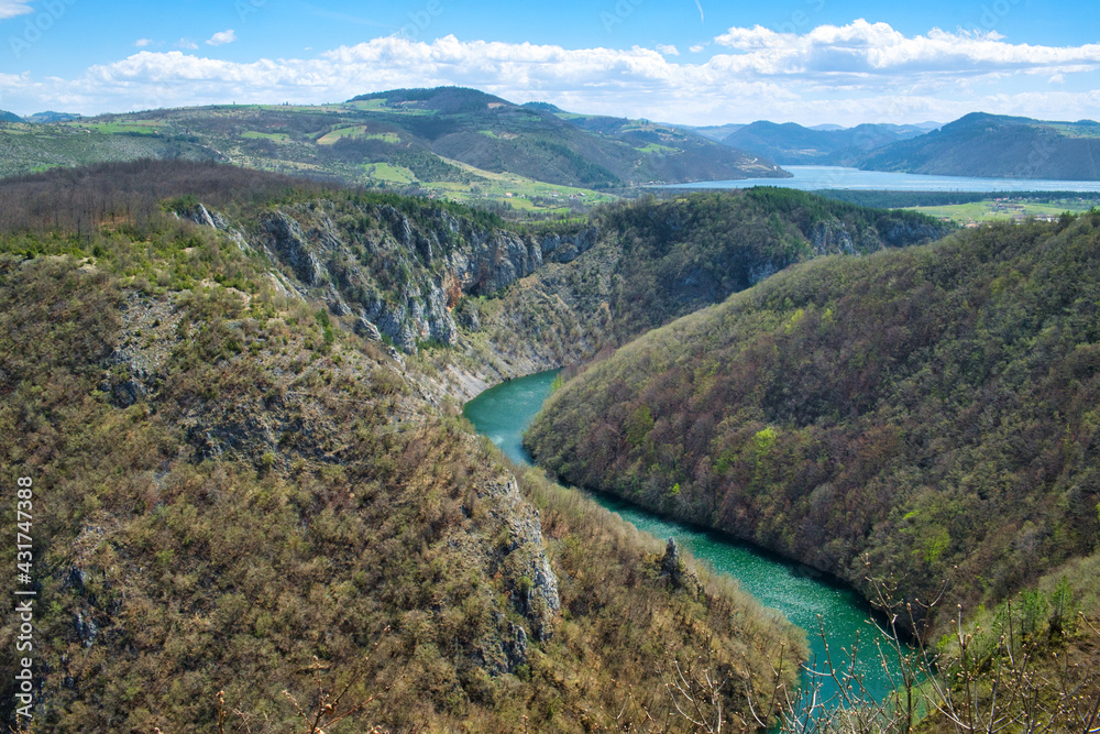 Amazing mountain landscape with meanders of curving river Uvac in canyon of the nature reserve in Serbia Amazing mountain landscape with meanders of curving river Uvac in canyon of the nature reserve in Serbia