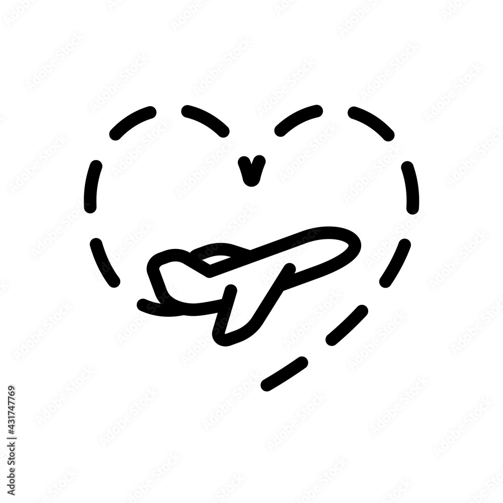 Plane and heart, love of travel, simple business icon. Black linear icon with editable stroke on white background