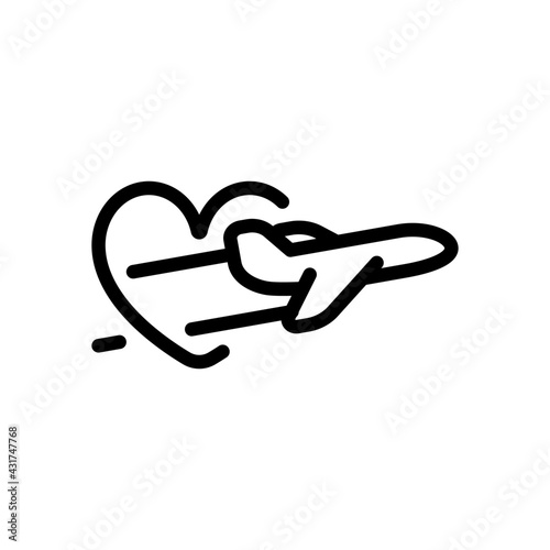 Plane and heart, love of travel, simple business icon. Black linear icon with editable stroke on white background