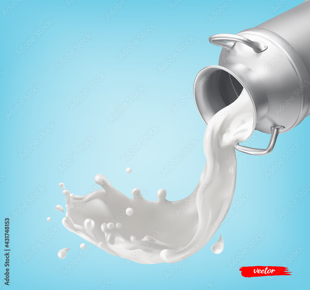 Milk can container and milk splash on blue background. 3d vector ...