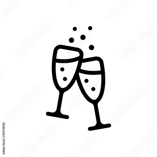 Glasses of champagne or wine, simple icon. Black linear icon with editable stroke on white background