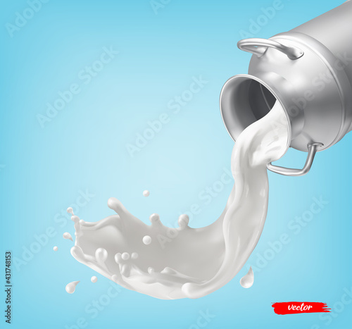 Milk can container and milk splash on blue background. 3d vector realistic elements for milk package design.
