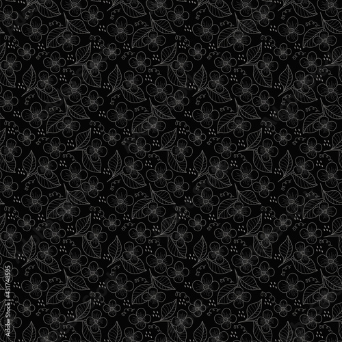 Vector seamless pattern with countur flowers on black background for fabrics, paper, textile, gift wrap