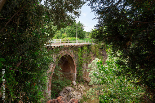 An old railway bridge over a mountain river. Summer day. Calabria, Italy.