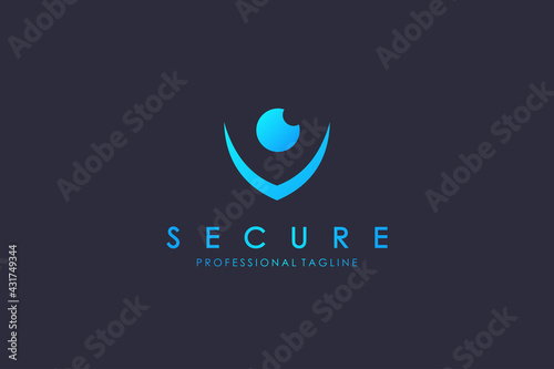 Abstract Protection Logo. Blue Shield Linear Geometric Arrow Shape with Eyeball isolated on Blue Background. Usable for Business and Technology Logos. Flat Vector Logo Design Template Element.