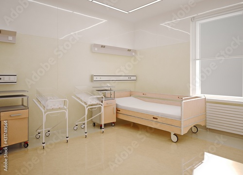 3d rendering of a modern medical postpartum ward for newborn care in a clinic equipped