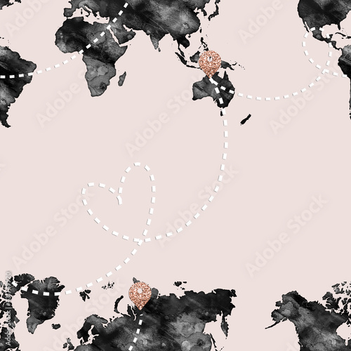 SEAMLESS PATTERN BLACK WATERCOLOR WORLD MAPS WITH PLANE PATHS AND DESTINATIONS ON PINK PASTEL BACKGROUND 