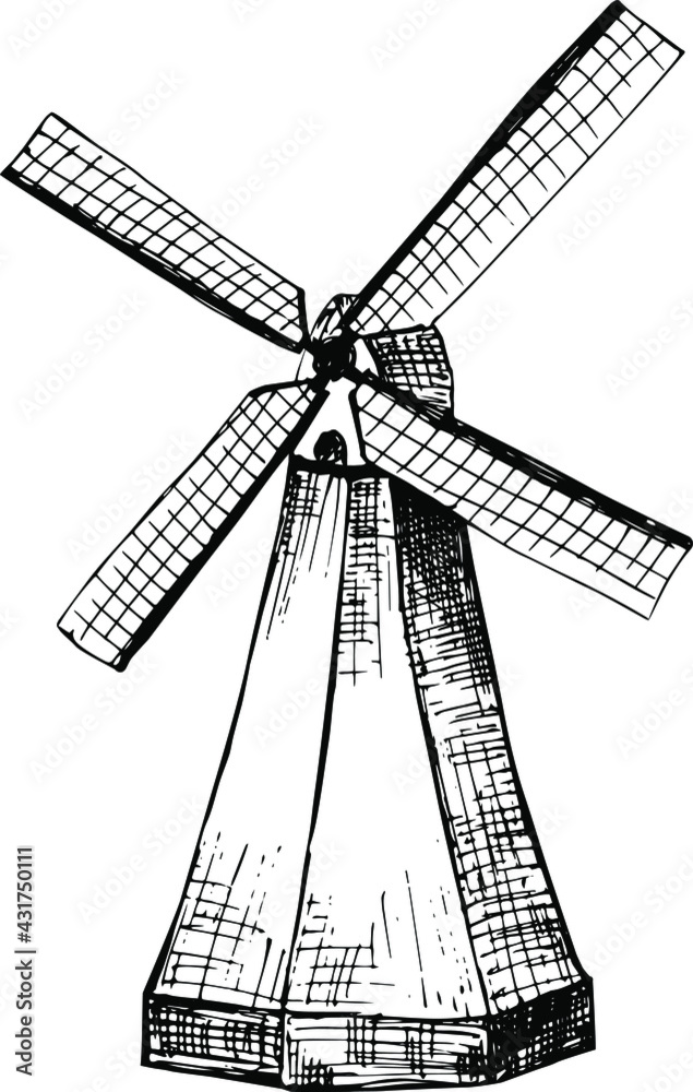 Windmill. Hand drawn vector illustrations isolated on white background. Monochrome engraving technique. Windmill. Hand drawn vector illustrations isolated on white background. Monochrome engraving technique.