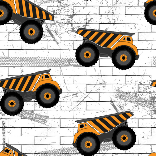 Seamless pattern for boys with construction machines on bricks and tire track.