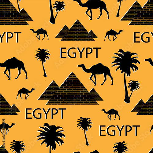 Seamless Egyptian pattern. Pyramids, camel and palms.