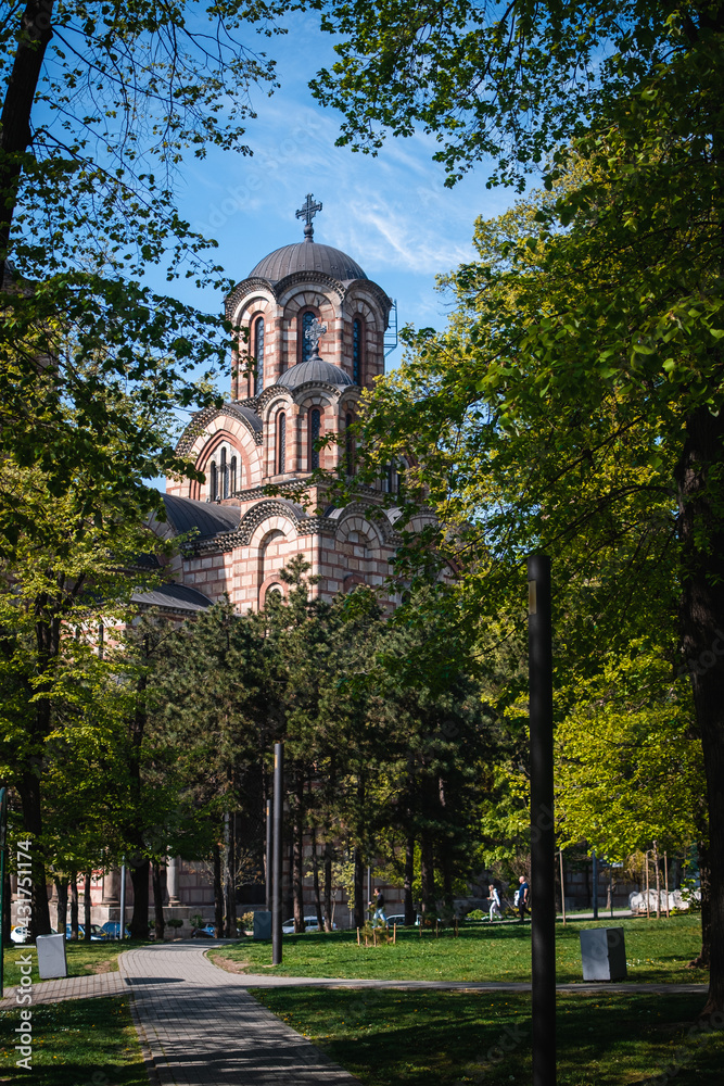 View over an orthodox church from a park in Belgrade, Serbia.