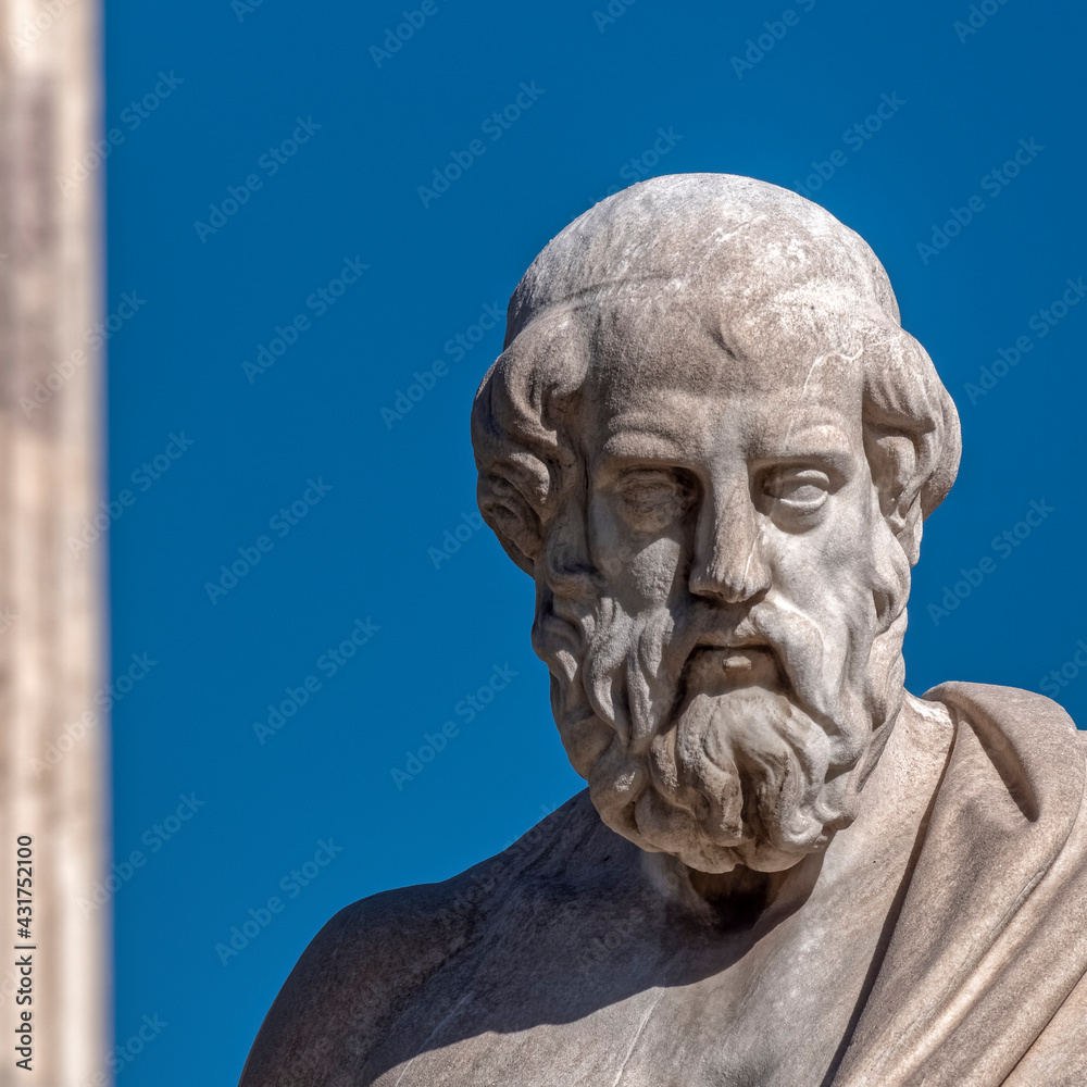 Naklejka premium Plato, the ancient Greek philosopher and thinker on blue sky background, space for your text.