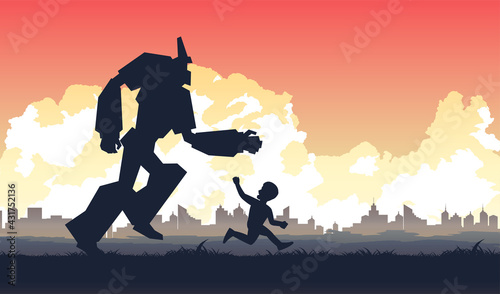 Silhouette of activities in the future of people and robot live together,vector illustration