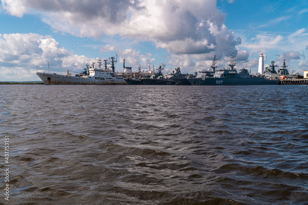 Russia. July 3, 2020. Warships in the Middle harbor of the city of Kronstadt.