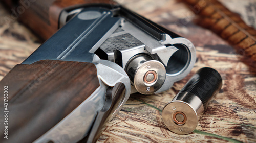 Opened double-barrelled hunting gun with two cartridges, hunting weapon photo