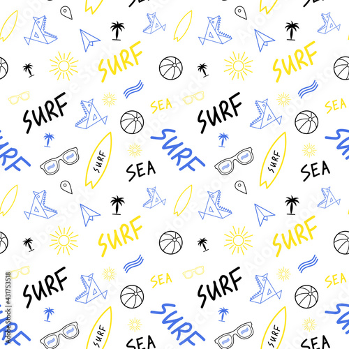 Seamless summer pattern with surf. Colorful vector illustration with surf, fish, wave, sunglasses, balls, and palm. Colorful sea background. 