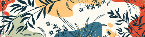 Botanical banner with organic shapes, leaves, branch and plants. Abstract natural elements in trendy doodle style for holiday, business. Simple, minimal design. Modern trendy vector background