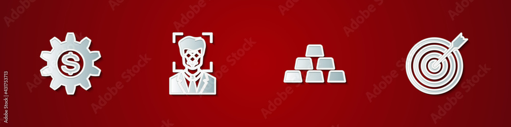 Set Gear with dollar symbol, Face recognition, Gold bars and Target arrow icon. Vector Set Gear with dollar symbol, Face recognition, Gold bars and Target arrow icon. Vector